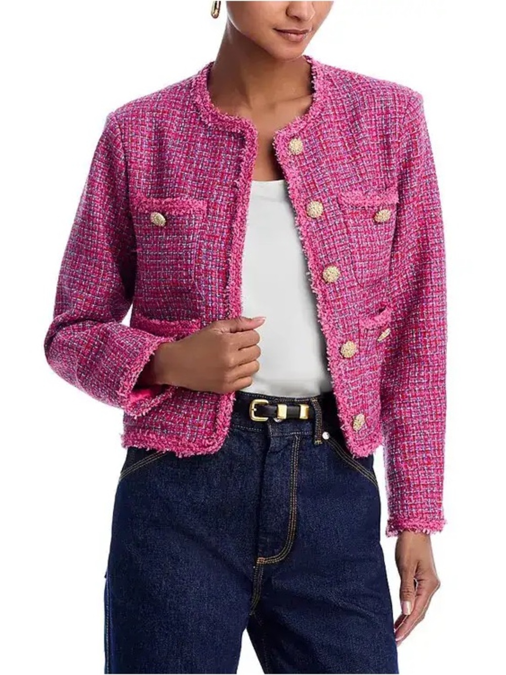 Aqua Pink Tweed Fringed Boxy Blazer